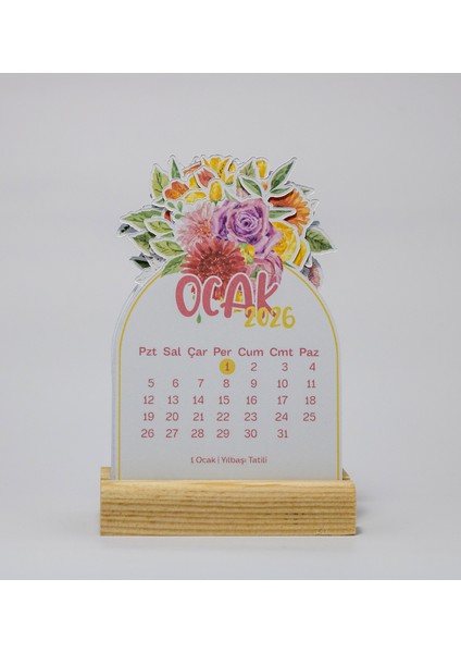 Masa Takvimi, 2026 Yılı Renkli Çiçekler Ahşap Standlı Mini Takvim, 8X12 cm