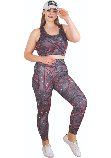 Lady Kadın Büyük Beden Yüksek Bel Tayt ve Kalın Askılı Balensiz Crop Top Büstiyer 2'li Takım