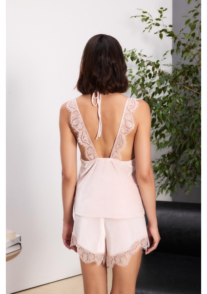 Kadife Saten 3'lü Kadın Pijama Takımı - 2845 Pudra