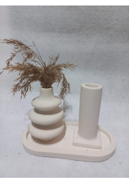 Dekoratif 3 Parça Tabaklı Vazo Set Beyaz