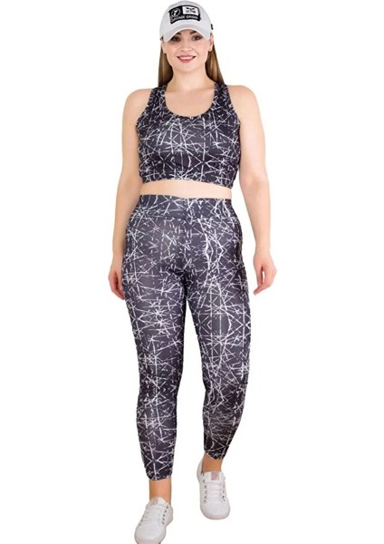 Lady Kadın Büyük Beden Yüksek Bel Tayt ve Kalın Askılı Balensiz Crop Top Büstiyer 2'li Takım