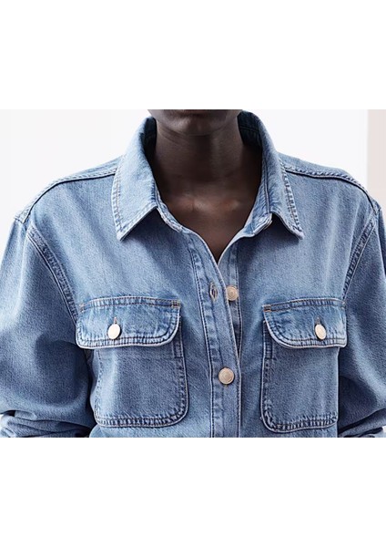 Kadın Çift Cep Kapaklı Düğmeli Lyocell Denim Relaxed Premium Kalite Orta Mavi Jean Gömlek