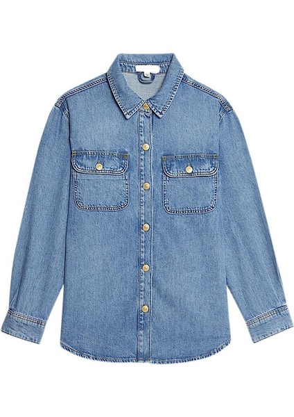 Kadın Çift Cep Kapaklı Düğmeli Lyocell Denim Relaxed Premium Kalite Orta Mavi Jean Gömlek modelleri