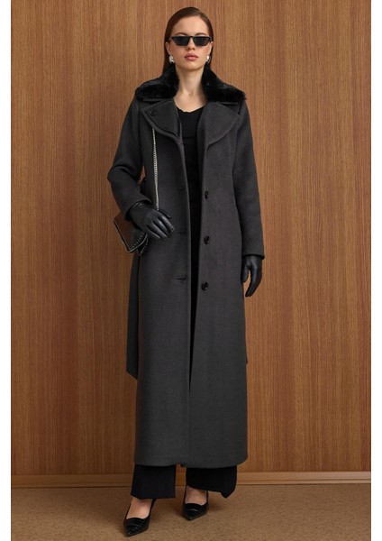Çıkabilir Kürklü Deri Garnili Premium Kumaş Manto Antrasit 3153