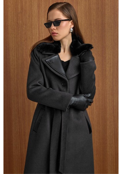 Çıkabilir Kürklü Deri Garnili Premium Kumaş Manto Antrasit 3153 modelleri
