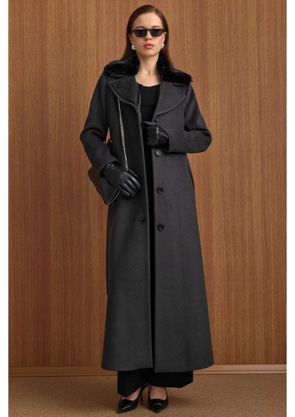 Çıkabilir Kürklü Deri Garnili Premium Kumaş Manto Antrasit 3153 fırsatları