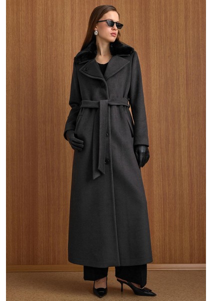 Çıkabilir Kürklü Deri Garnili Premium Kumaş Manto Antrasit 3153 indirimleri