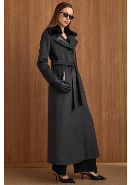 Çıkabilir Kürklü Deri Garnili Premium Kumaş Manto Antrasit 3153