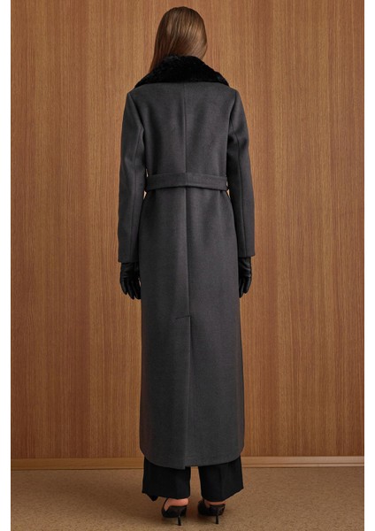 Çıkabilir Kürklü Deri Garnili Premium Kumaş Manto Antrasit 3153