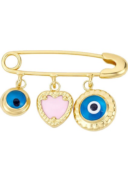 Altın Nazar Gözlü Pembe Kalpli Mineli Bebek Iğnesi