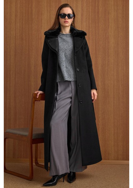 Çıkabilir Kürklü Deri Garnili Premium Kumaş Manto Siyah 3153