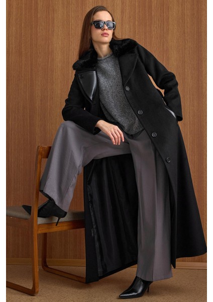 Çıkabilir Kürklü Deri Garnili Premium Kumaş Manto Siyah 3153 fiyatları