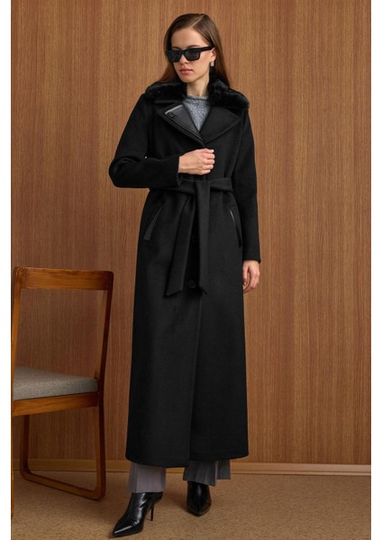 Çıkabilir Kürklü Deri Garnili Premium Kumaş Manto Siyah 3153 modelleri