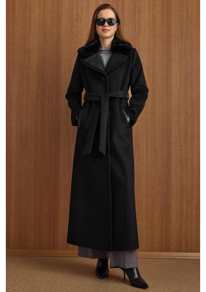 Çıkabilir Kürklü Deri Garnili Premium Kumaş Manto Siyah 3153 fırsatları
