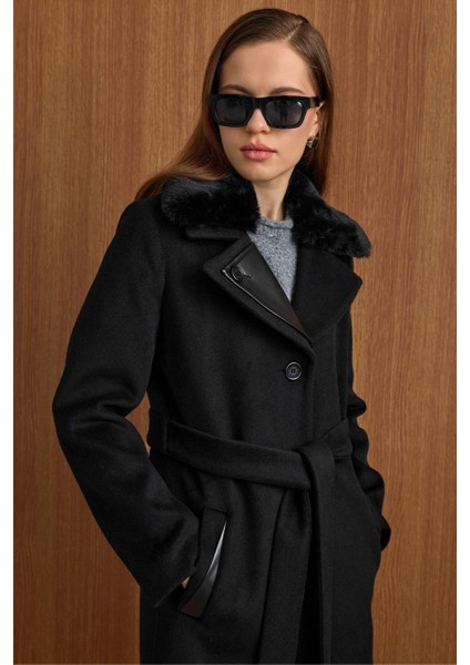 Çıkabilir Kürklü Deri Garnili Premium Kumaş Manto Siyah 3153 indirimleri