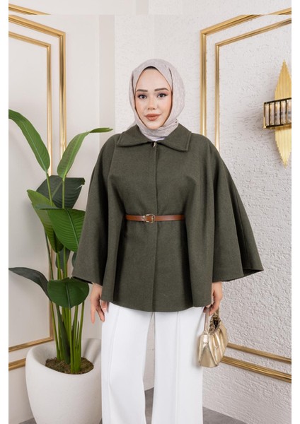 Tek Düğmeli Oversize Kemerli Kaşe Panço