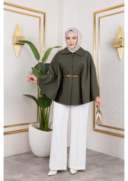 Tek Düğmeli Oversize Kemerli Kaşe Panço modelleri