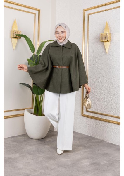 Tek Düğmeli Oversize Kemerli Kaşe Panço fırsatları