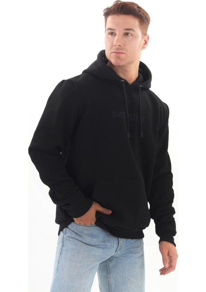 Unisex Nakışlı Siyah Kapüşonlu Sweatshirt (Nakış Lacivert Renk) fiyatları