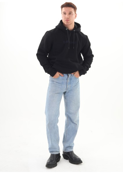 Unisex Nakışlı Siyah Kapüşonlu Sweatshirt (Nakış Lacivert Renk)