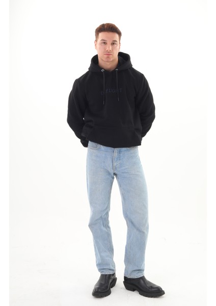 Unisex Nakışlı Siyah Kapüşonlu Sweatshirt (Nakış Lacivert Renk)