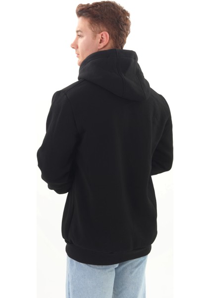 Unisex Nakışlı Siyah Kapüşonlu Sweatshirt (Nakış Lacivert Renk)