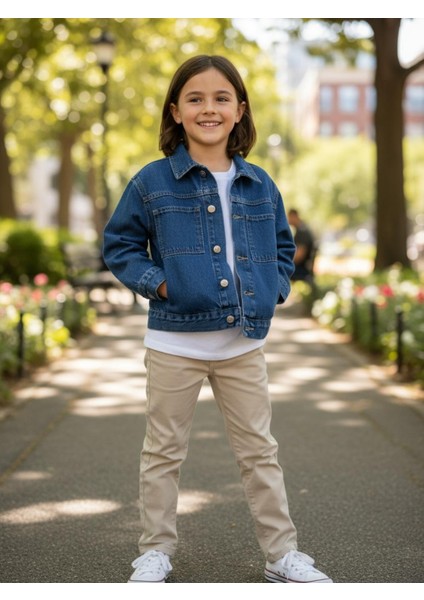 Unisex Çocuk Pamuklu Uzun Kollu Cep Detayli Denim Ceket