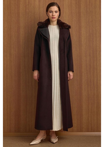 Çıkabilir Kürklü Deri Garnili Premium Kumaş Manto Kahve 3153