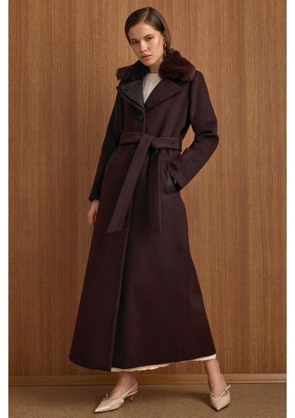 Çıkabilir Kürklü Deri Garnili Premium Kumaş Manto Kahve 3153 fiyatları