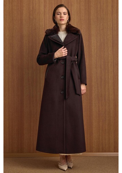 Çıkabilir Kürklü Deri Garnili Premium Kumaş Manto Kahve 3153 modelleri