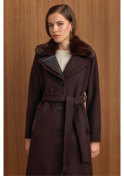 Çıkabilir Kürklü Deri Garnili Premium Kumaş Manto Kahve 3153 fırsatları