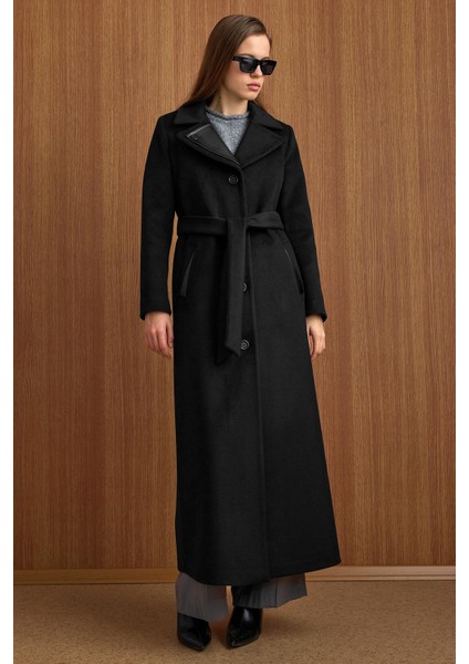 Çıkabilir Kürklü Deri Garnili Premium Kumaş Manto Siyah 3153