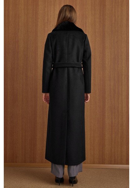 Çıkabilir Kürklü Deri Garnili Premium Kumaş Manto Siyah 3153