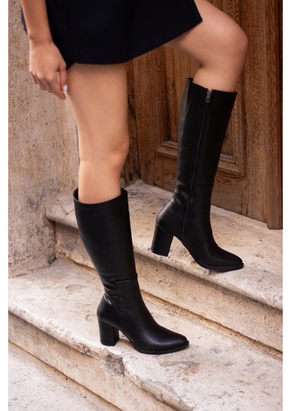 Kadın Cilt Sade Kladya Model Diz Altı Fermuarlı Sivri Burunlu Kalın Topuklu Uzun Çizme fiyatları