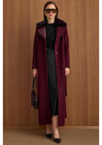 Çıkabilir Kürklü Deri Garnili Premium Kumaş Manto Mürdüm 3153