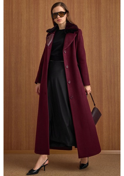 Çıkabilir Kürklü Deri Garnili Premium Kumaş Manto Mürdüm 3153 fiyatları