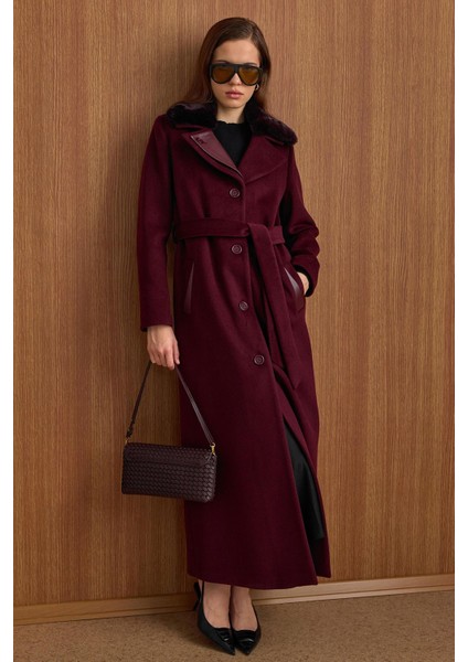 Çıkabilir Kürklü Deri Garnili Premium Kumaş Manto Mürdüm 3153 modelleri