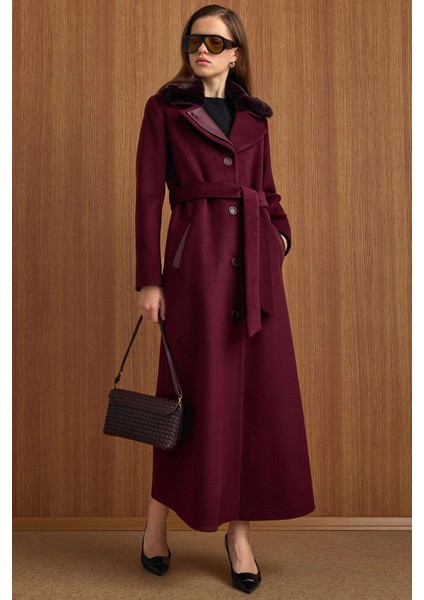 Çıkabilir Kürklü Deri Garnili Premium Kumaş Manto Mürdüm 3153 fırsatları