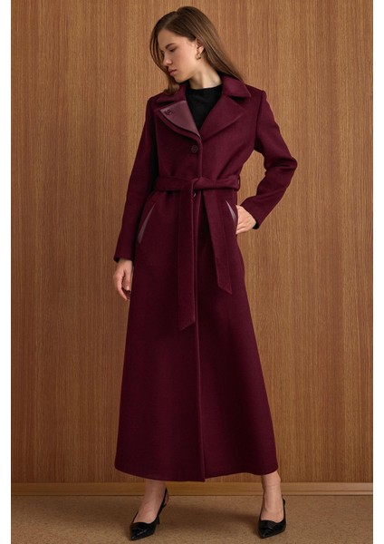 Çıkabilir Kürklü Deri Garnili Premium Kumaş Manto Mürdüm 3153