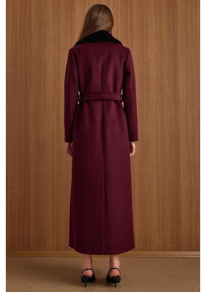 Çıkabilir Kürklü Deri Garnili Premium Kumaş Manto Mürdüm 3153