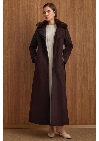 Çıkabilir Kürklü Deri Garnili Premium Kumaş Manto Kahve 3153 indirimleri