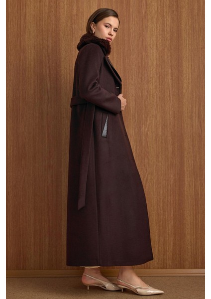 Çıkabilir Kürklü Deri Garnili Premium Kumaş Manto Kahve 3153