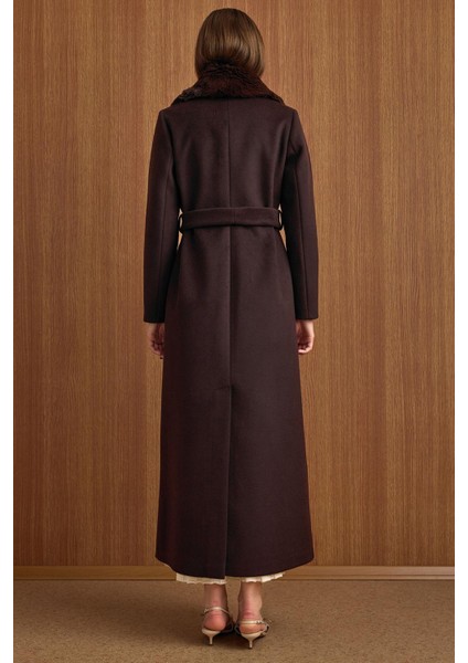 Çıkabilir Kürklü Deri Garnili Premium Kumaş Manto Kahve 3153