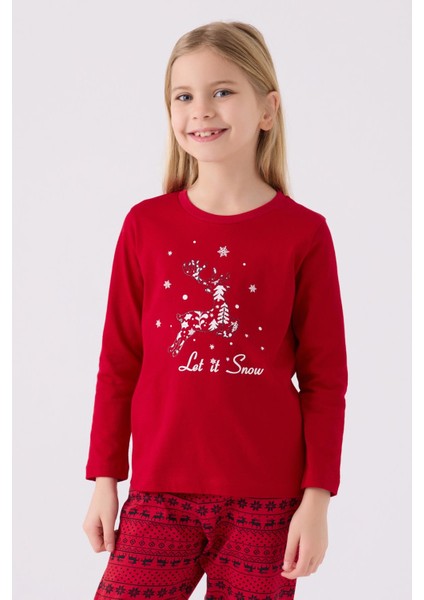3106 Garson Aile Let It Snow Kız Çocuk Kırmızı Uzun Kol Pijama Takım modelleri