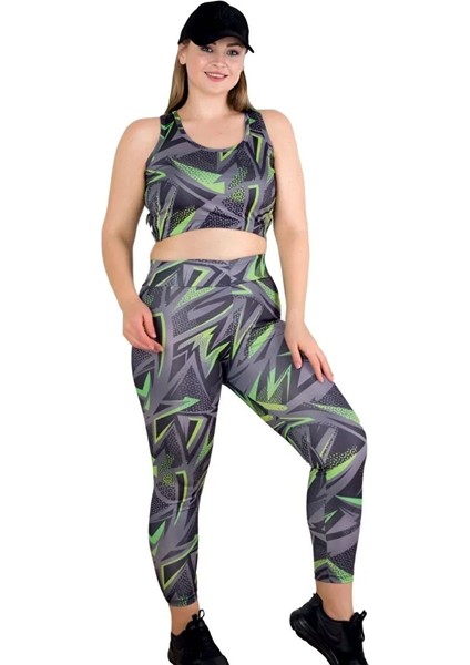 Lady Kadın Büyük Beden Yüksek Bel Tayt ve Kalın Askılı Balensiz Crop Top Büstiyer 2'li Takım