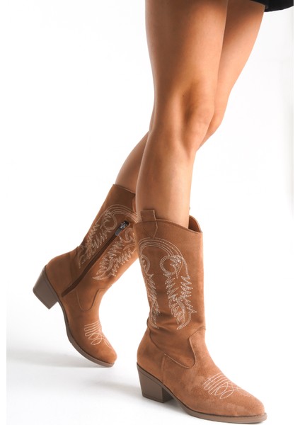 El Yapımı Sivri Burunlu Topuklu Nakışlı Desen Detaylı Cilt Kadın Fermuarlı Kovboy Çizme