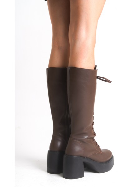 Kalın Yüksek Topuklu Fermuarlı Diz Altı Sade Bağcıklı Kadın Acı Kahve Çizme modelleri