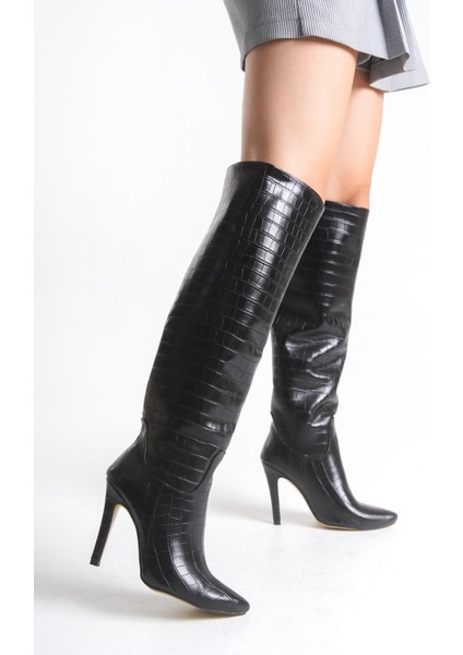 Ince Yüksek Topuklu Parlak Siyah Diz Üstü Kadın Uzun Çizme