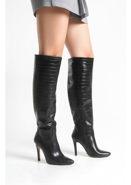 Ince Yüksek Topuklu Parlak Siyah Diz Üstü Kadın Uzun Çizme fiyatları