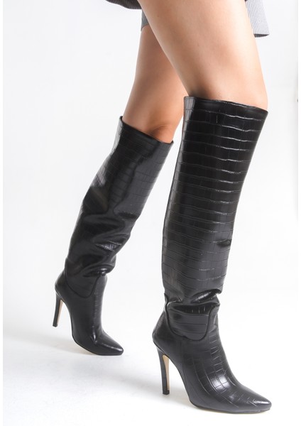 Ince Yüksek Topuklu Parlak Siyah Diz Üstü Kadın Uzun Çizme fırsatları